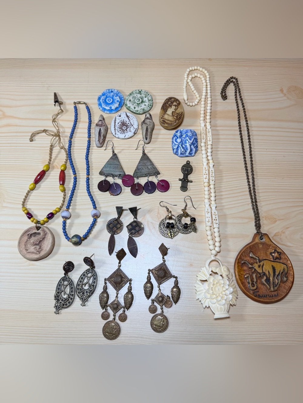 17-Piece Handmade Carved Artisan Rock Folk Ceramic Earthy Vintage Jewelry Lot
